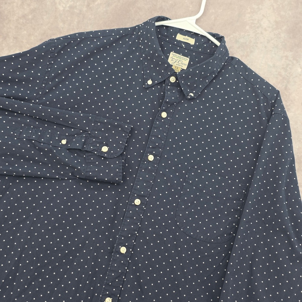 J.Crew Secret Wash Shirt Mens XL Slim Navy Blue Polka Dot Stretch Organic Cotton